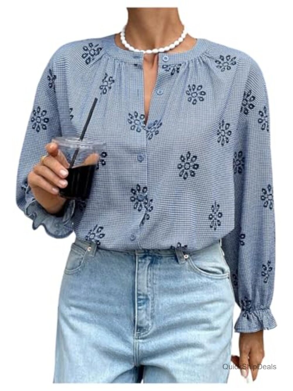 Boho Peasant Blouse Embroidered Gingham Button Front Top